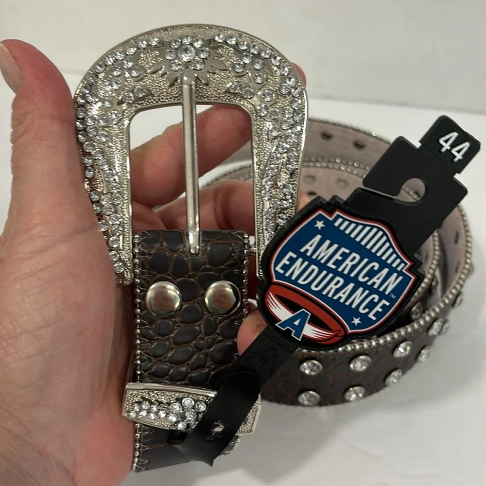 American Endurance Brown Leather XXL Belt with Rhinestones & Silver NWT
